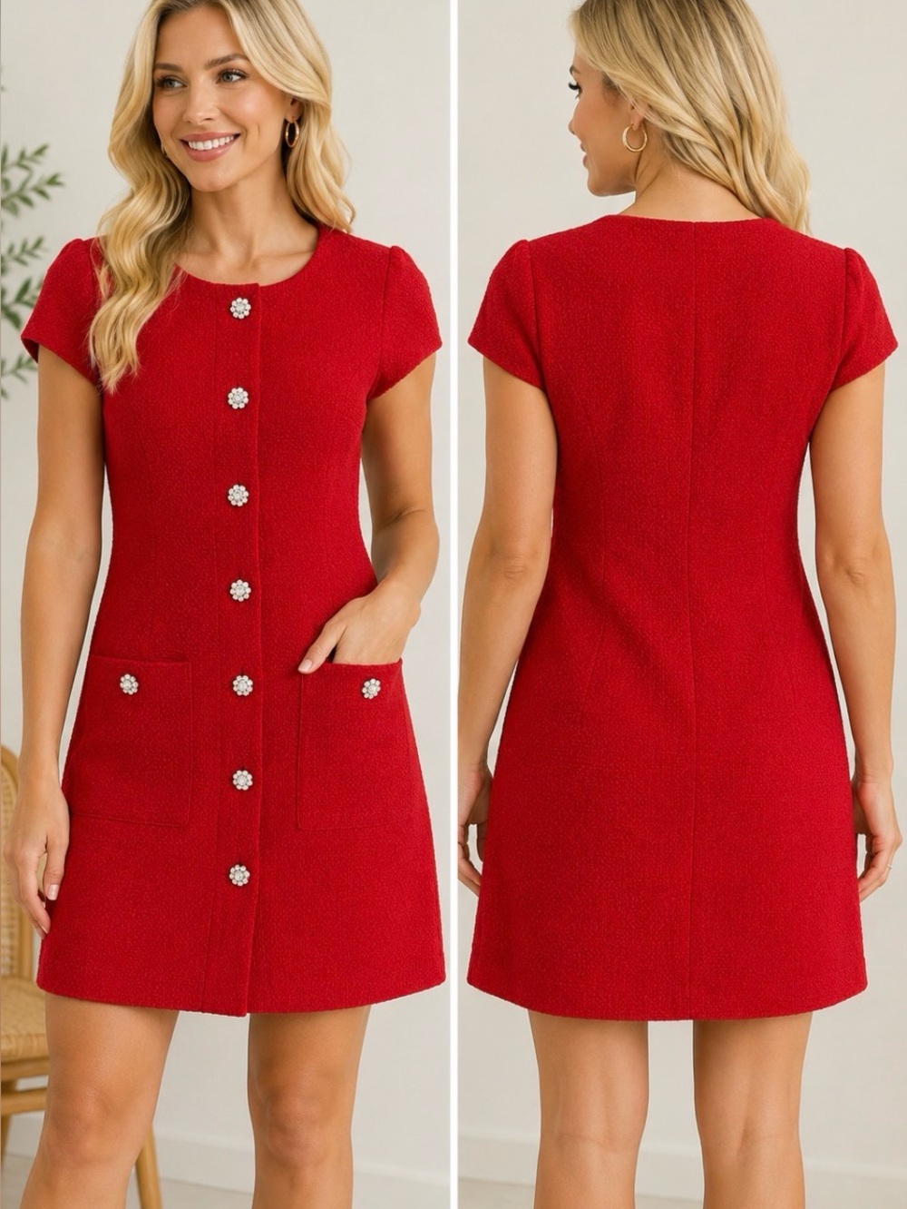 J.Crew Holiday 2024 CE626 Red Tweed Sheath Dress Crystal Buttons Size 4